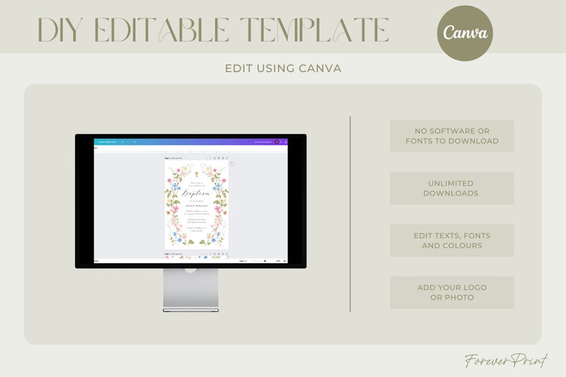 Puede incluir: Una pantalla de ordenador que muestra una plantilla de Canva para una invitaci&oacute;n de bautismo. La invitaci&oacute;n presenta una corona de flores con la palabra "Bautismo" en letra cursiva. El texto en la pantalla dice "Plantilla editable DIY, Editar con Canva, Sin software o fuentes para descargar, Descargas ilimitadas, Editar textos, fuentes y colores, Agregar su logotipo o foto, Forever Print".