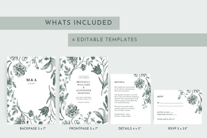 Elegant Greenery Wedding Invitation Template, Floral Green wedding invite, invitation template, Vintage invite template download SK23 image 8