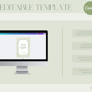 May include: A computer monitor displays a DIY editable template for a wedding sign. The sign reads "Cards & Gifts" with a green and white striped design. Additional text includes "No software or fonts to download" and "Unlimited downloads."