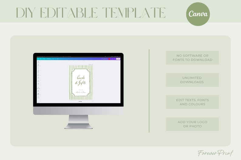 May include: A computer monitor displays a DIY editable template for a wedding sign. The sign reads "Cards & Gifts" with a green and white striped design. Additional text includes "No software or fonts to download" and "Unlimited downloads."