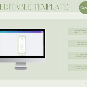 Op de afbeelding: Een computermonitor toont een doe-het-zelf bewerkbare sjabloon met een groen en goud ontwerp. De afbeelding bevat tekst met de woorden "Canva", "Geen software of lettertypen om te downloaden", "Onbeperkte downloads", "Teksten, lettertypen en kleuren bewerken" en "Voeg uw logo of foto toe".