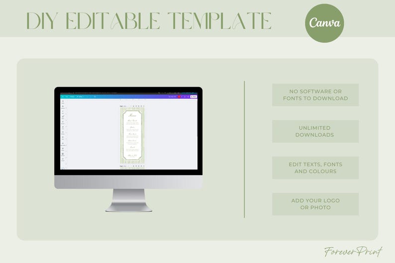 Op de afbeelding: Een computermonitor toont een doe-het-zelf bewerkbare sjabloon met een groen en goud ontwerp. De afbeelding bevat tekst met de woorden "Canva", "Geen software of lettertypen om te downloaden", "Onbeperkte downloads", "Teksten, lettertypen en kleuren bewerken" en "Voeg uw logo of foto toe".