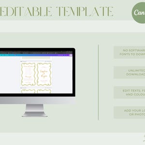 May include: A computer monitor displaying a DIY editable template with gold-bordered wedding stationery designs. The interface includes text boxes stating: No software or fonts to download, Unlimited downloads, Edit texts, fonts and colours, Add your logo or photo. The background is a light sage green.