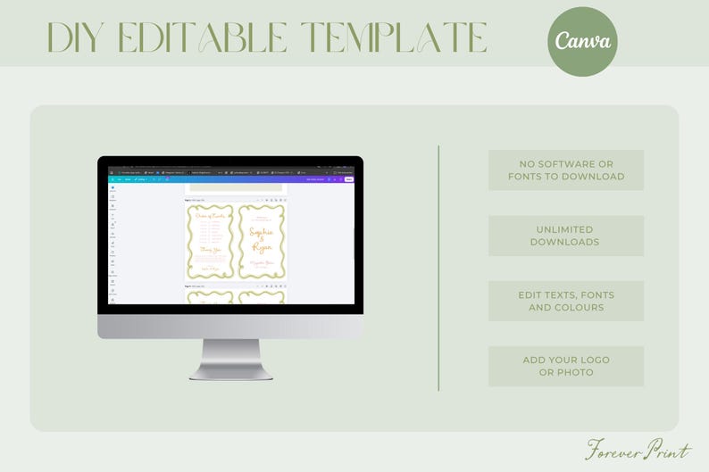 May include: A computer monitor displaying a DIY editable template with gold-bordered wedding stationery designs. The interface includes text boxes stating: No software or fonts to download, Unlimited downloads, Edit texts, fonts and colours, Add your logo or photo. The background is a light sage green.