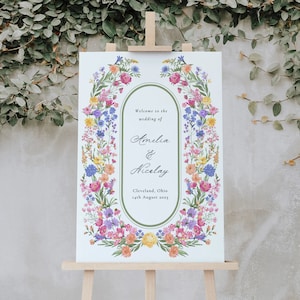 Florales Hochzeits-Willkommensschild, bunte Wildblumen, bearbeitbare Vorlage, sofortiger Download, Hochzeits-Willkommensposter, Gartenblumen, AMELIA