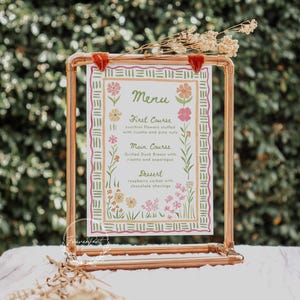 Bunte Blumen Frühlingsmenü Vorlage, Hand gezeichnet, druckbare Abendkarte, Bearbeitbare Vorlage, INSTANT DOWNLOAD, Whimsical Border Menu LINA