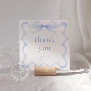 Sjabloon blauwe strik bedankkaartje, bewerkbare bedankkaartje, afdrukbare bedankkaart, strik bedankkaartje, blauwe babyshower bedankkaartjes, LAUREN