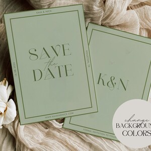 May include: Two sage green "Save the Date" cards with dark green text. The cards have a simple border and include the names "Kaia & Nick", the date "16.08.2024", and the website "www.KAIAANDNICK.COM". One card displays "K&N".