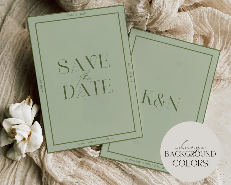 May include: Two sage green "Save the Date" cards with dark green text. The cards have a simple border and include the names "Kaia & Nick", the date "16.08.2024", and the website "www.KAIAANDNICK.COM". One card displays "K&N".