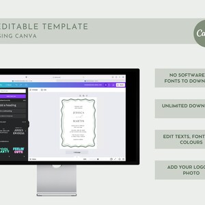 May include: A computer screen displaying a Canva design template for a wedding invitation. The template features a green border with a white background and the text "JESSICA MARTIN" in a simple font. The screen also shows the Canva interface with various editing tools and options.