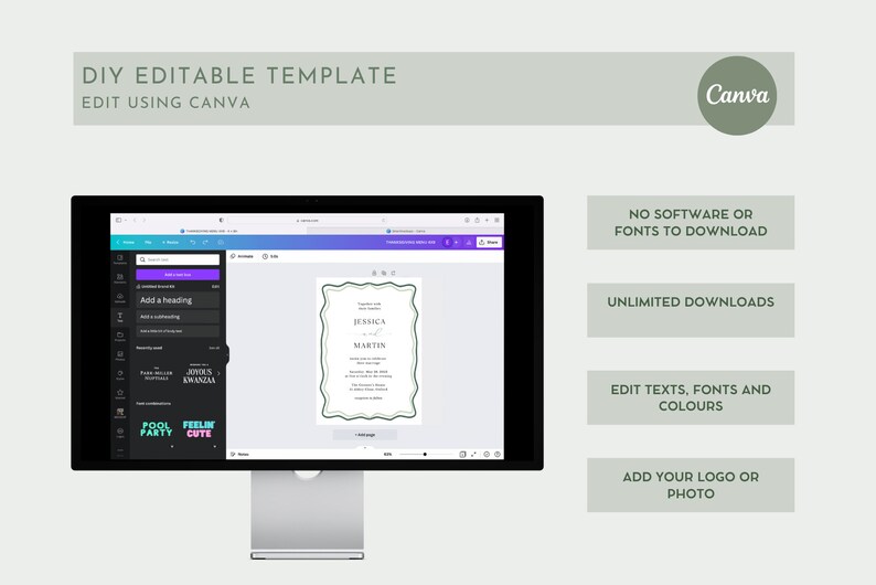 May include: A computer screen displaying a Canva design template for a wedding invitation. The template features a green border with a white background and the text "JESSICA MARTIN" in a simple font. The screen also shows the Canva interface with various editing tools and options.