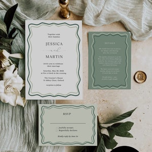 May include: A wedding invitation with a green and white color scheme. The invitation features the names Jessica and Martin, the date Saturday, May 28, 2023, and the location The Cosener's House, 15 Abbey Close, Oxford. The invitation also includes details about the ceremony and reception.