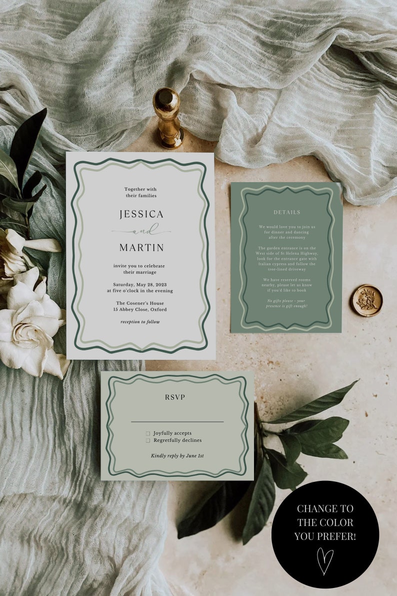 May include: A wedding invitation with a green and white color scheme. The invitation features the names Jessica and Martin, the date Saturday, May 28, 2023, and the location The Cosener's House, 15 Abbey Close, Oxford. The invitation also includes details about the ceremony and reception.