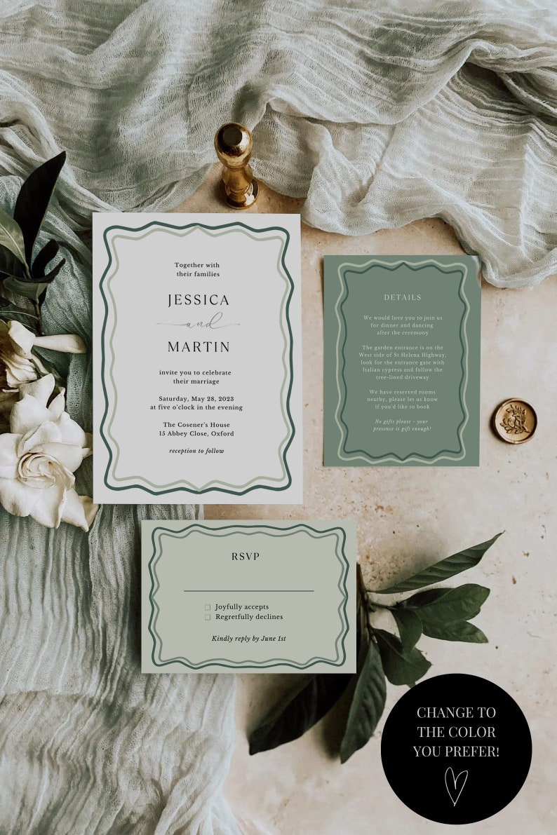 Sage Green Minimal Wedding Invitation Template, Modern Sage Green Wedding Invite Set, Wavy Invitation, Curved Invitation, Printable RSVP image 4