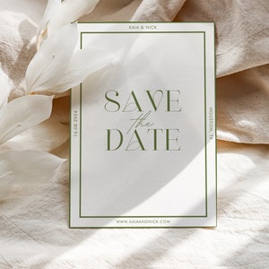 May include: A white Save the Date card with a green border and text. The words "Save the Date" are in a stylish font. The date "16.08.2024" and the location "Houston, TX" are also displayed. The website "www.kaiaandnick.com" is at the bottom.