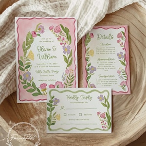 PINK Colorful Floral Wedding Invitation Template, Summer Wedding Invitation Suite, Whimsical Botanical Invitation, Instant Download DAGNY