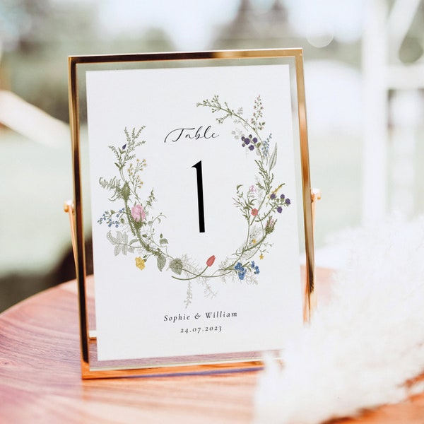 Wildflower Wreath Table Number Cards, Outdoor Garden Wedding, Floral Table Numbers, Wedding Table Decorations, Instant download template WH1