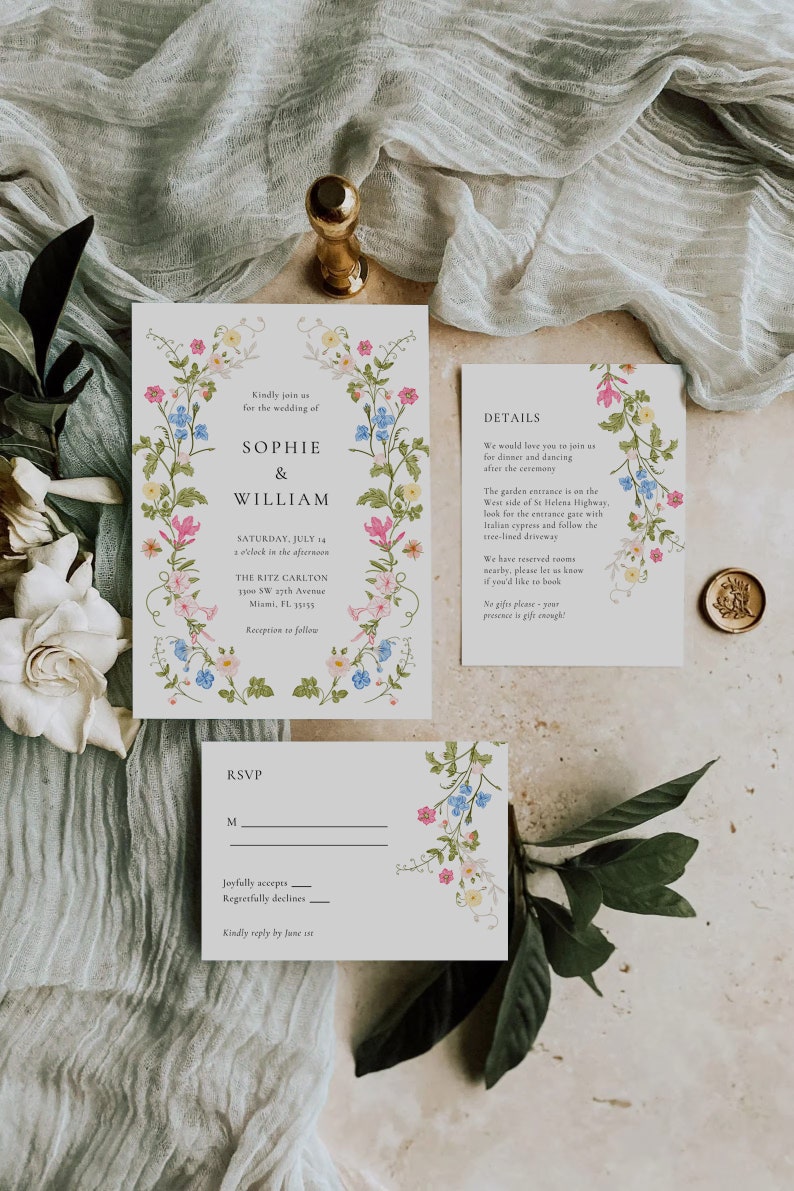 Wildflower Wedding Invitation Template, Printable Wedding Invitation, Wedding Invitation, Pastel Wildflower Invitation, Floral Wreath, ROSIE image 1