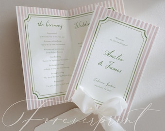 Pink Striped Wedding Ceremony Program Booklet Template, Order of Service, Printable Wedding Party Program, Editable Canva Template N25