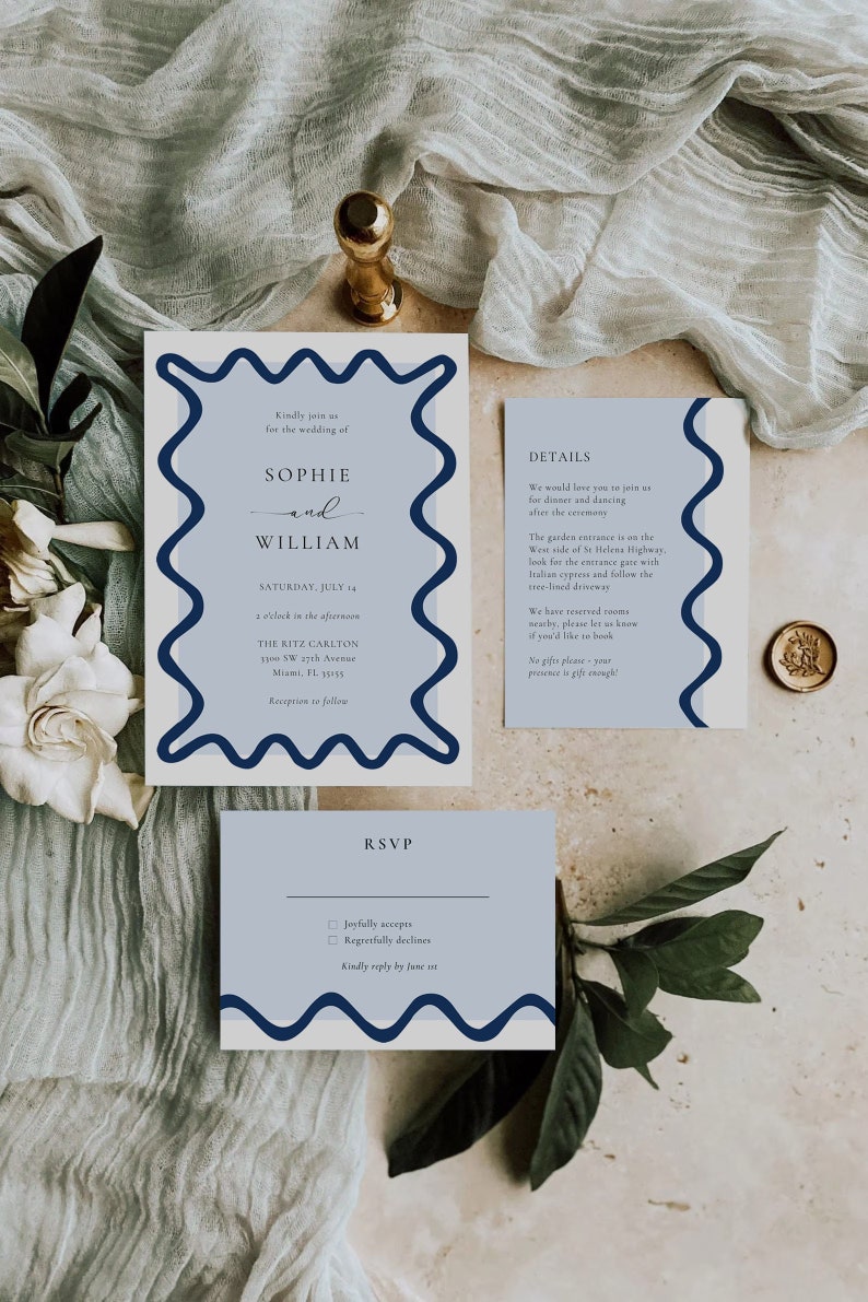 Wave Wedding Invitation Template Set, Minimalist Wedding Invitation Template Download, Editable Modern Wedding Invite Instant Download image 1