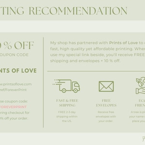 K&ouml;nnte beinhalten: Eine informative Grafik mit dem Text "PRINTING RECOMMENDATION" oben. Sie enth&auml;lt Details zu einer Partnerschaft mit Prints of Love, die schnellen, kostenlosen Versand, kostenlose Umschl&auml;ge und umweltfreundliche Optionen bietet. Der Gutscheincode "FOREVERPRINT" wird ebenfalls angezeigt.