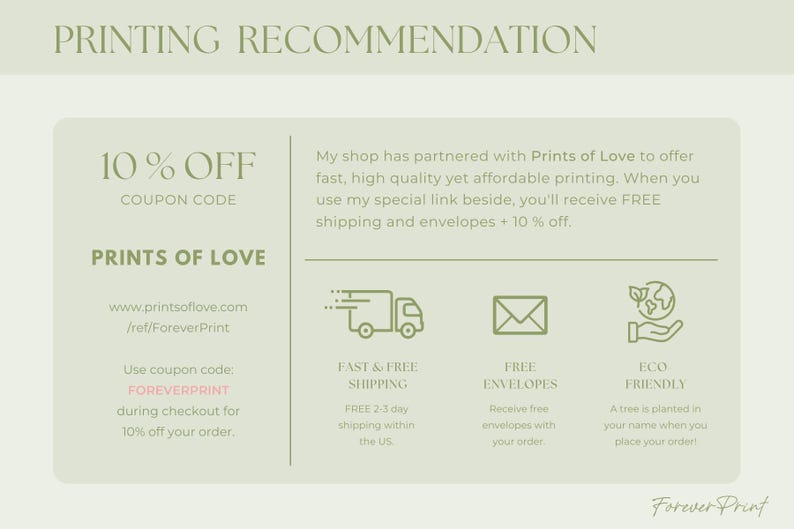 K&ouml;nnte beinhalten: Eine informative Grafik mit dem Text "PRINTING RECOMMENDATION" oben. Sie enth&auml;lt Details zu einer Partnerschaft mit Prints of Love, die schnellen, kostenlosen Versand, kostenlose Umschl&auml;ge und umweltfreundliche Optionen bietet. Der Gutscheincode "FOREVERPRINT" wird ebenfalls angezeigt.
