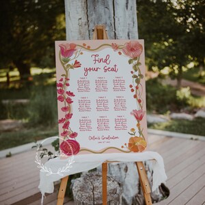 K&ouml;nnte beinhalten: Eine rosa Tischordnung f&uuml;r eine Abschlussfeier mit floralen Akzenten und dem Schriftzug "Find your seat". Die Tafel wird auf einer h&ouml;lzernen Staffelei pr&auml;sentiert. Die Namen sind nach Tischnummer geordnet, mit dem Namen des Absolventen und dem Datum unten.