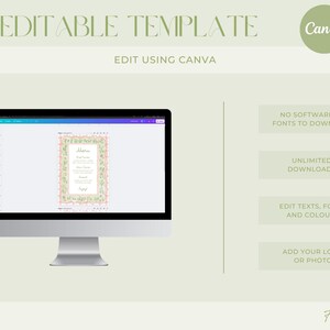 May include: A computer monitor displays a DIY editable template for Canva. The screen shows a floral invitation design. Text on the screen reads "Edit using Canva". Additional text includes "No software or fonts to download" and "Unlimited downloads".