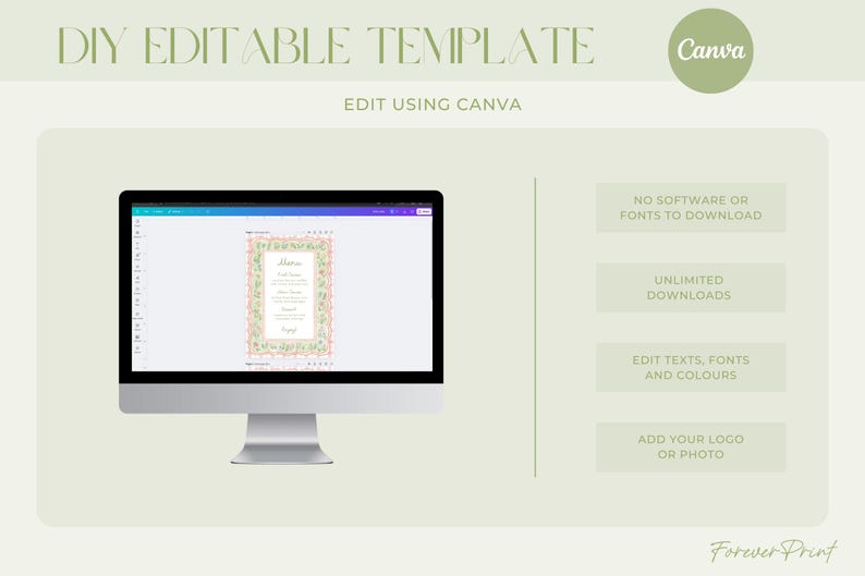 May include: A computer monitor displays a DIY editable template for Canva. The screen shows a floral invitation design. Text on the screen reads "Edit using Canva". Additional text includes "No software or fonts to download" and "Unlimited downloads".
