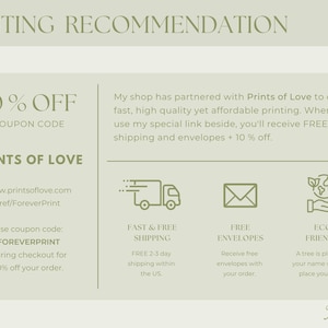 May include: A promotional graphic with the text "PRINTING RECOMMENDATION" and details about a partnership with Prints of Love. It includes a 10% off coupon code, website link, and information on fast, free shipping and eco-friendly practices.