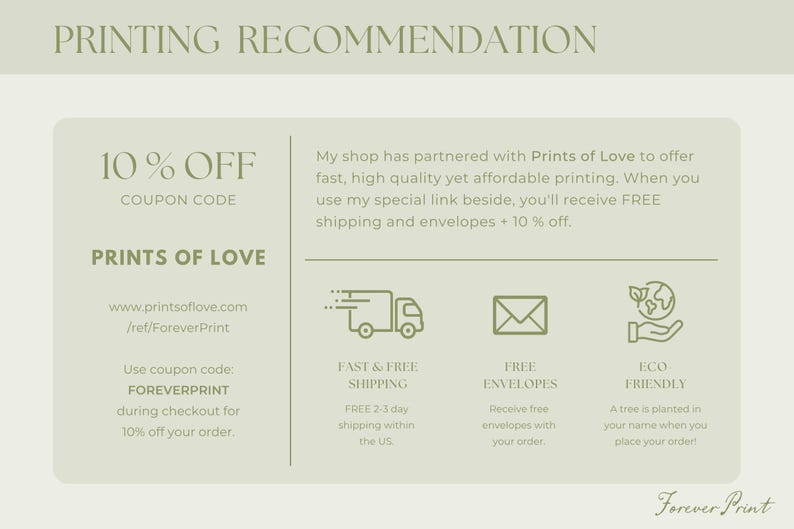 May include: A promotional graphic with the text "PRINTING RECOMMENDATION" and details about a partnership with Prints of Love. It includes a 10% off coupon code, website link, and information on fast, free shipping and eco-friendly practices.