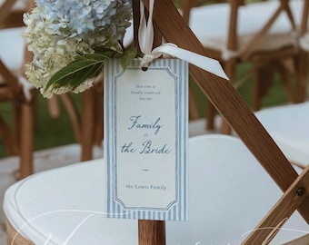 Reserved Chair Tag Template, Blue Striped Reserved Seat Sign, Wedding Ceremony Tag, Editable Canva Template, 4x8 Printable Card 022