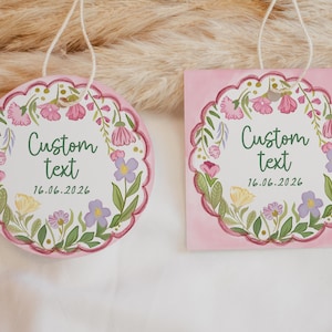 Plantilla de etiquetas con flores rosas, etiquetas para bodas o despedidas de soltera, plantilla editable, DESCARGA INSTANTÁNEA, adornos festoneados para pasteles o bebidas, pegatinas Dagny