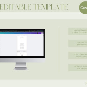 May include: A desktop computer displays a DIY editable template on its screen. The screen shows a black and white design with the number "1" at the top. The image also includes text that says "No software or fonts to download" and "Edit texts, fonts and colors."