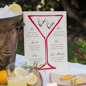 Modèle de menu de bar de mariage moderne, enseigne de boisson modifiable avec verre à martini, menu de cocktails signature imprimable, décoration de réception d'été amusante