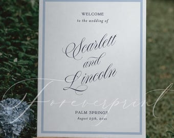 Editable Blue Wedding Welcome Sign Template, Elegant Script Wedding Poster, Minimalist Reception Entrance Decor Printable B26