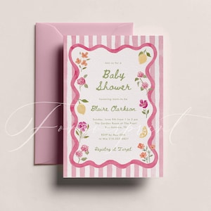 May include: A baby shower invitation with a pink and white striped background. The invitation features a pink wavy border with floral and lemon illustrations. The text reads "Baby Shower" and includes event details and RSVP information.