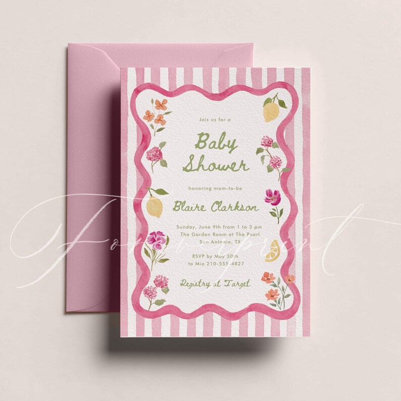 May include: A baby shower invitation with a pink and white striped background. The invitation features a pink wavy border with floral and lemon illustrations. The text reads "Baby Shower" and includes event details and RSVP information.