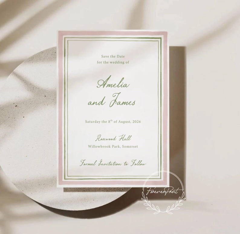Blush Pink and Sage Green Save the Date Invite, Elegant Wedding Invitation N25 image 4