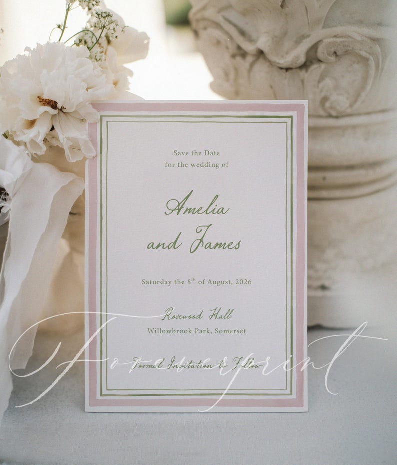 May include: A formal wedding invitation with a pink and green border. The text reads "Save the Date for the wedding of Amelia and James, Saturday the 8th of August, 2026, Rosewood Hall, Willowbrook Park, Somerset."