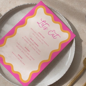 Rosa gewellte Menüvorlage, von Hand gezeichnet, Hochzeit/Brautparty Menü, druckbar, digitale Vorlage, SOFORTIGER DOWNLOAD, wellig kurvig, SH1