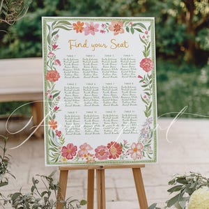 May include: A wooden easel displays a floral-decorated seating chart with the words "Find your Seat." The chart lists names under table numbers, surrounded by a border of pink, orange, and green flowers. The easel is set outdoors.