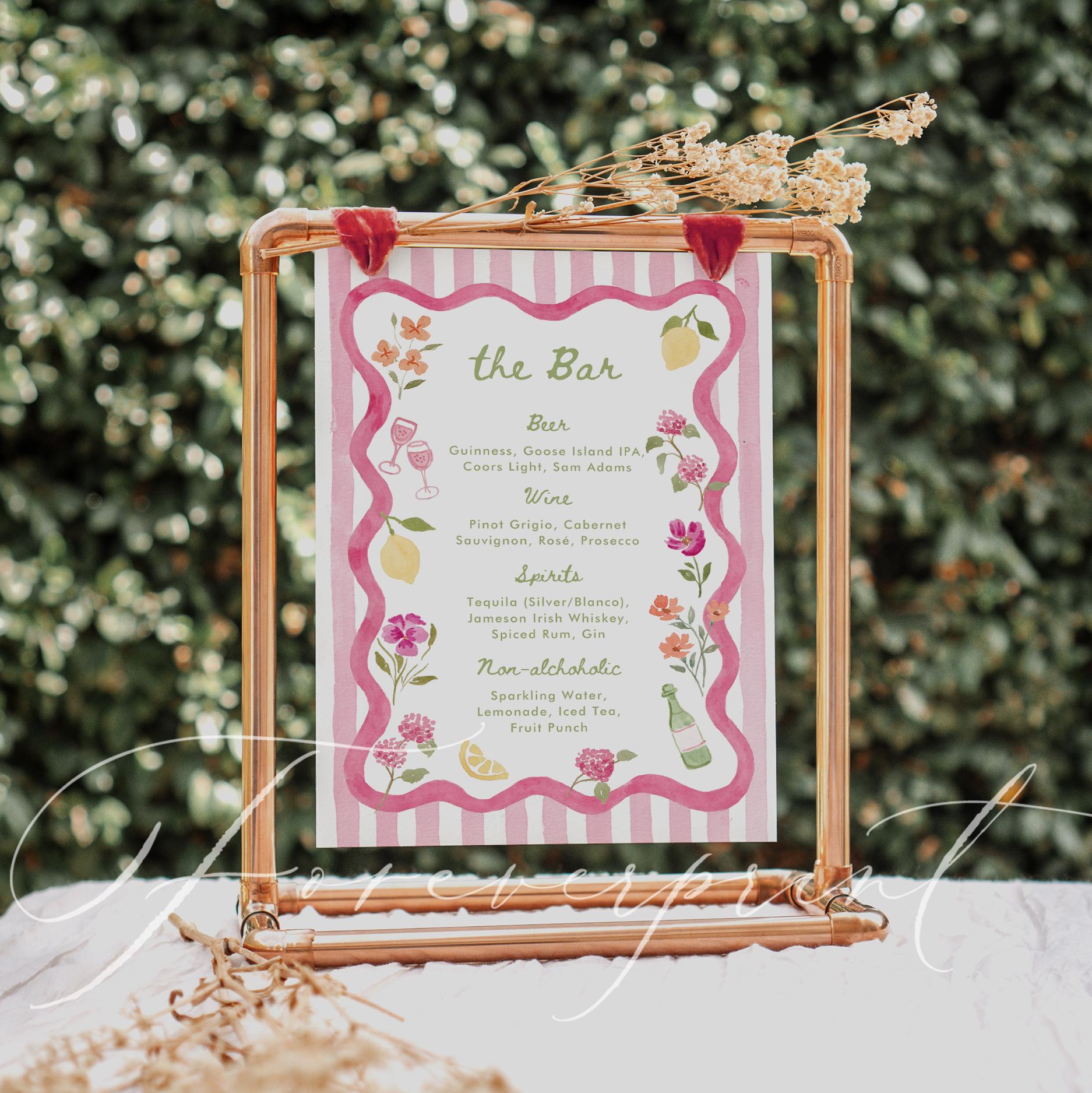 Menu Sign Pink Pink Floral Bar Menu Template, Hand Drawn Watercolor, Printable Bar ...