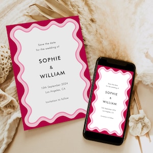 Modern Save the Date Template, Pink Save The Date, Editable Wedding Save The Date Template, Save The Date Digital Download, Pink Waves, EH9 image 5