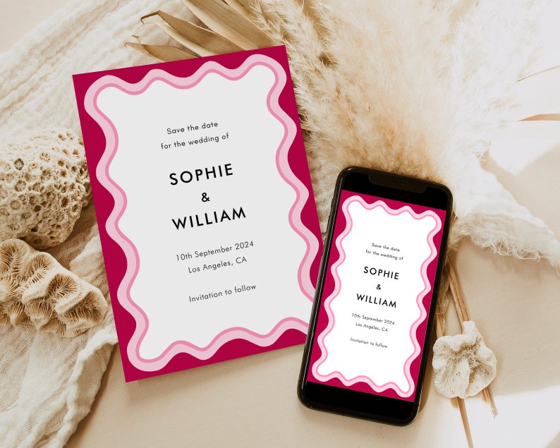 Modern Save the Date Template, Pink Save The Date, Editable Wedding Save The Date Template, Save The Date Digital Download, Pink Waves, EH9 image 5