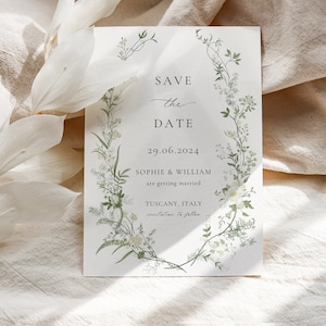 Sparen Sie das Datum Hochzeitseinladung Vorlage, Wildblumen, Printable Hochzeit, sparen Sie unser Datum, weiß und grün Einladung, Blumenkranz, MK1