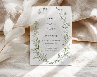 Save the Date Wedding Invitation Template, Wildflower, Printable Wedding, Save our Date, White and Green Invitation, Floral Wreath, MK1
