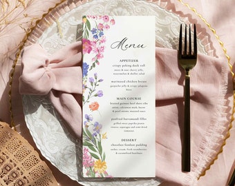 Wildflower menu template, Garden party bridal shower menu, Boho flowers menu, Wedding menu, Boho Modern Floral, INSTANT DOWNLOAD, AMELIA