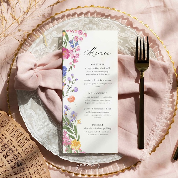 Wildflower menu template, Garden party bridal shower menu, Boho flowers menu, Wedding menu, Boho Modern Floral, INSTANT DOWNLOAD, AMELIA