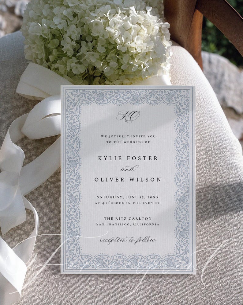 Dusty Blue Floral Wedding Invitation Suite, Elegant Lace Frame ...